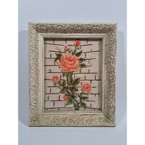 VTG Mid Century Art Embroidered Rose Pink Blush Flower Bouquet Detailed Frame